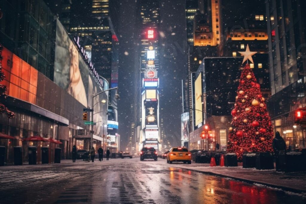 Natal na Times Square com painel de led ao fundo