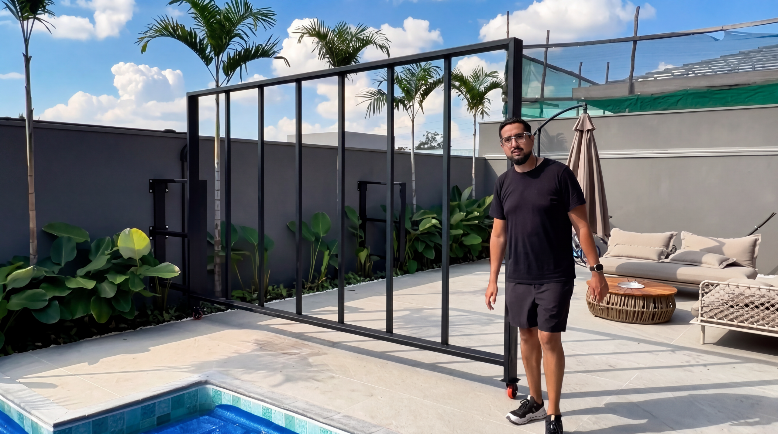 Estrutura móvel com rodízios girando o painel em 180 graus