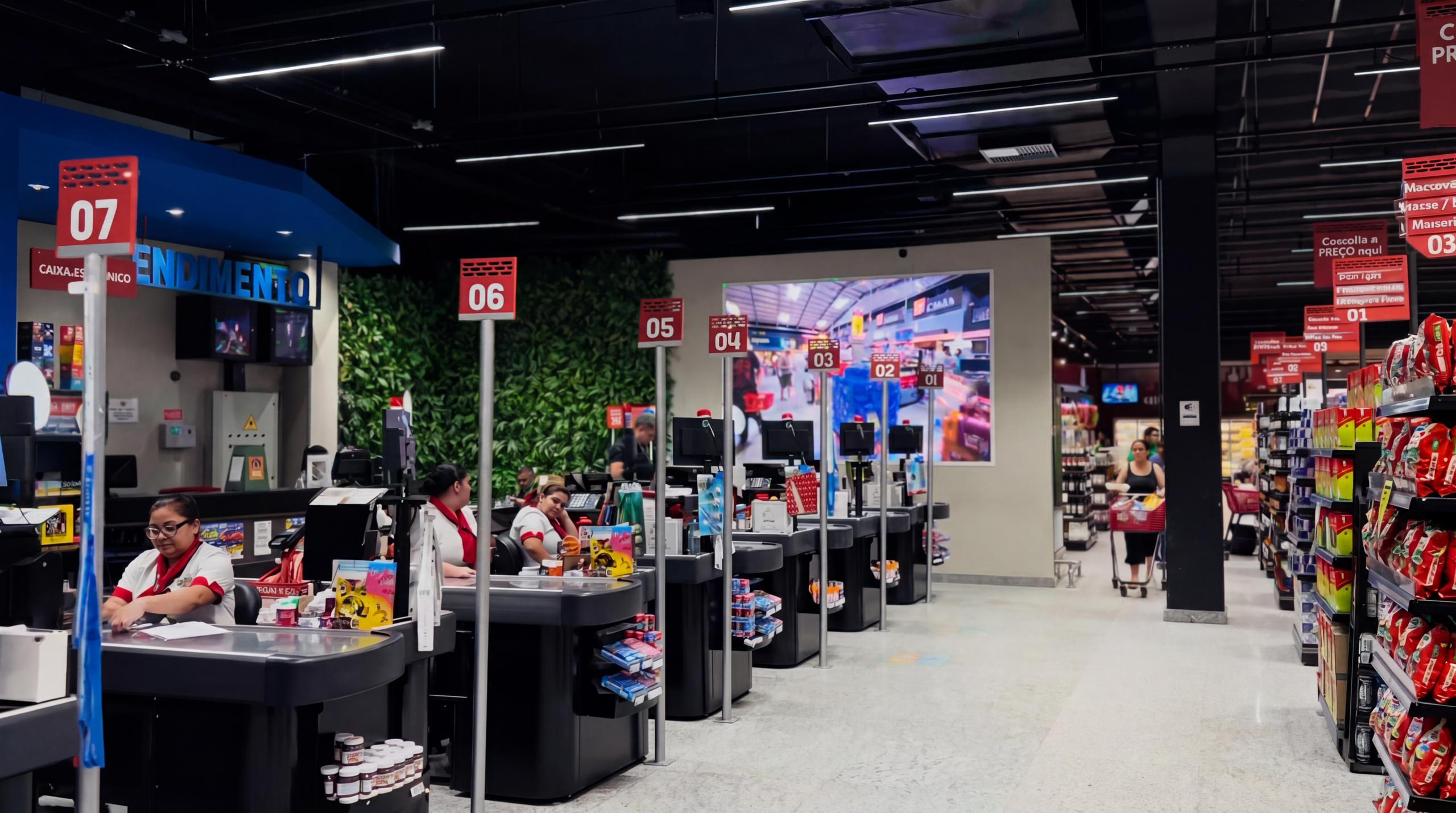 Telão de LED com ofertas de hortifruti acima dos caixas