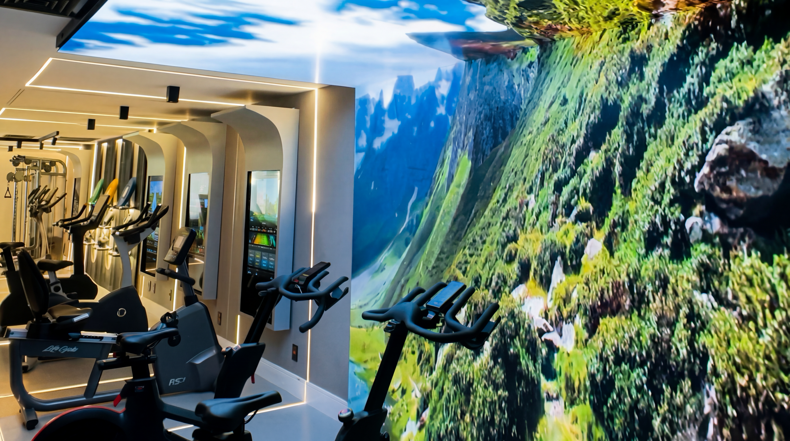 Bicicleta de spinning em frente ao painel com cenário de canal