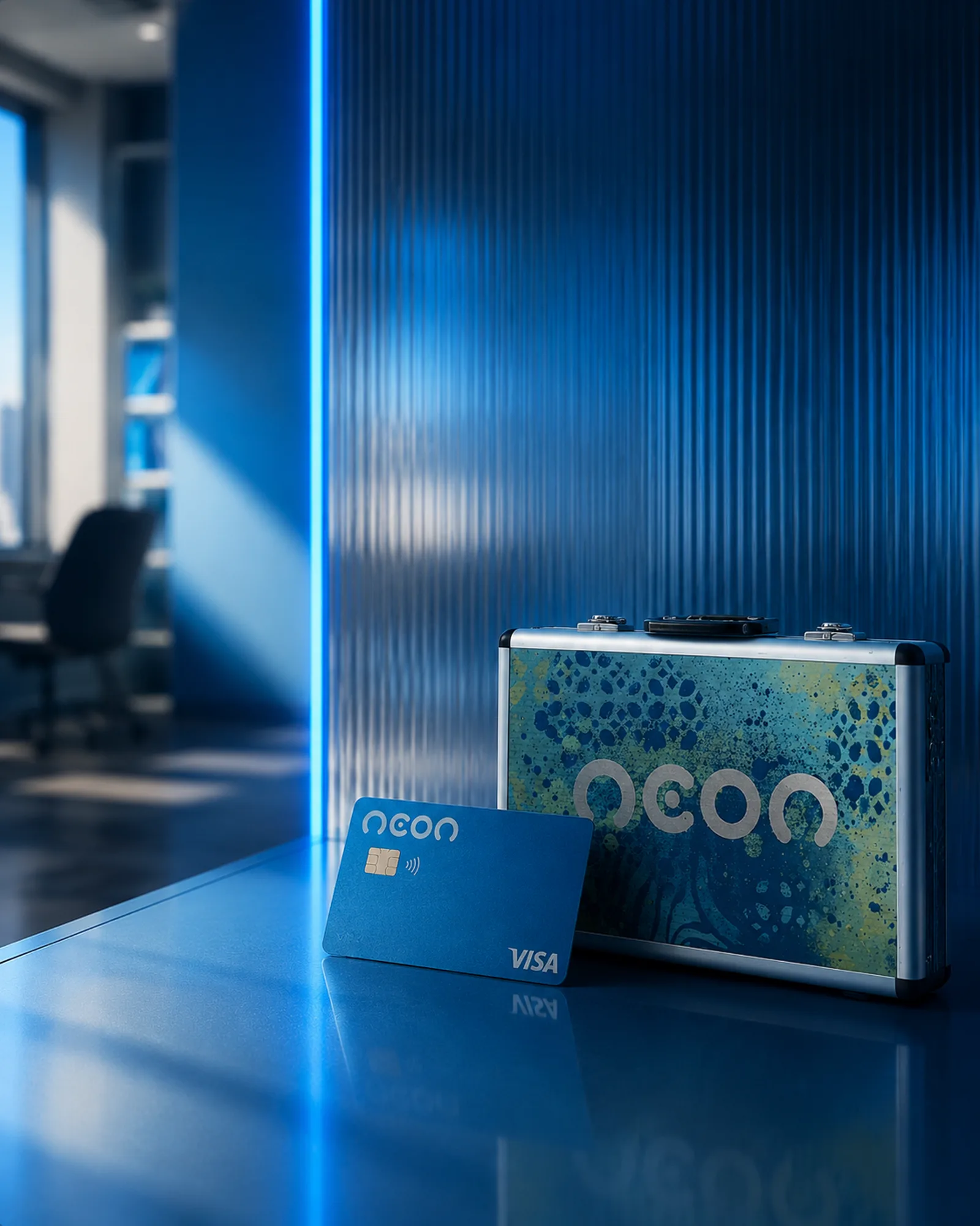 Cartao Neon Visa em destaque no escritorio